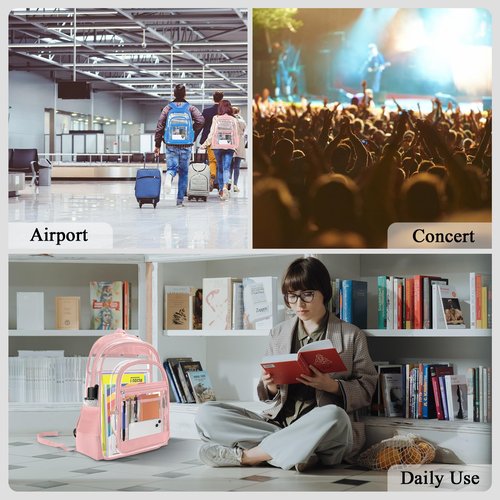 KIMNERPU Clear Backpack, Heavy Duty PVC Transparent Backpack with Reinforced Straps, See Through Multiple Pockets Large Capacity Bookbag for Concert Sport Event Work Security Travel Festival (Pink)
