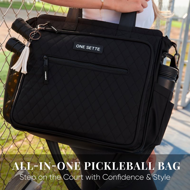 One Sette Pickleball Tote Bag for Women Gifts – Stylish Quilted Black – Lightweight - Pickle Ball Equipment with Fence Hook and Computer Compartment - Adjustable Shoulder Strap - Sports Gear Hand Bag