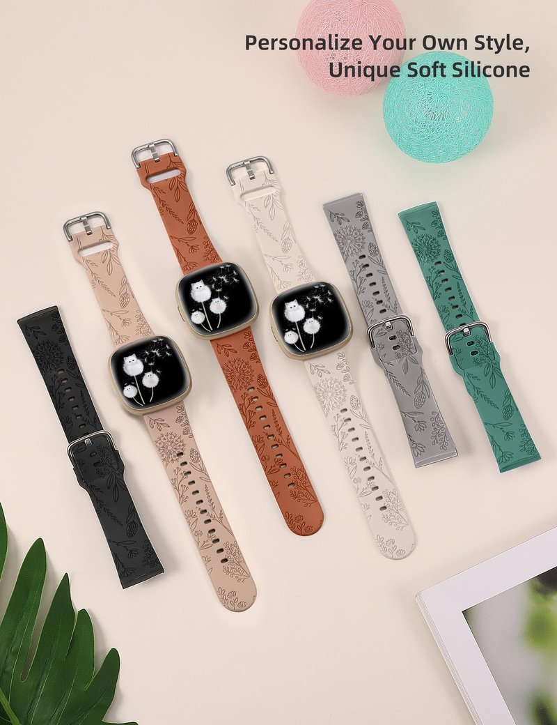 Minyee 6 Packs Floral Engraved Band Compatible with Fitbit Versa 4/Versa 3/Sense 2/Sense Band Women, Cute Soft Silicone Dandelion Flower Pattern Sport Designer Fancy Summer Strap for Versa 3