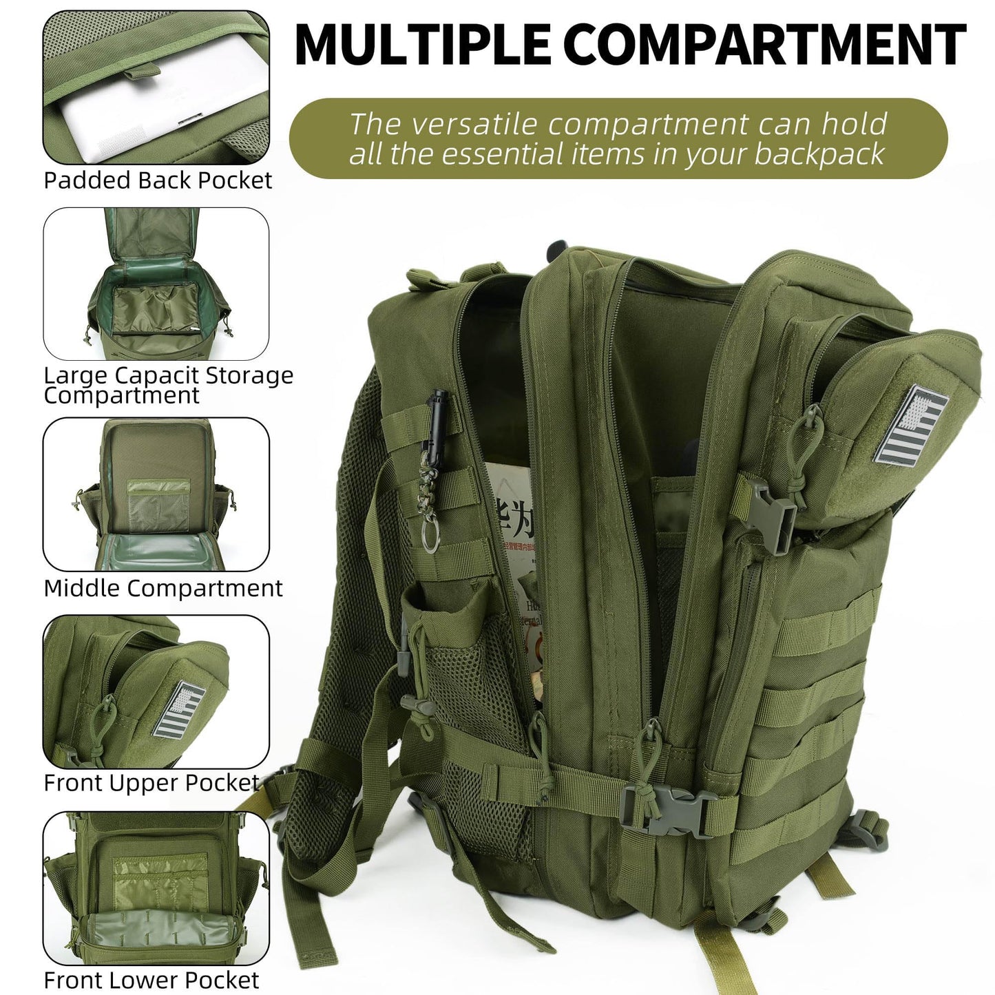 gracedon Tactical Backpack - Military Molle Bag 3 Days Pack for men and Women Large Assault Rucksack 45L (Green)