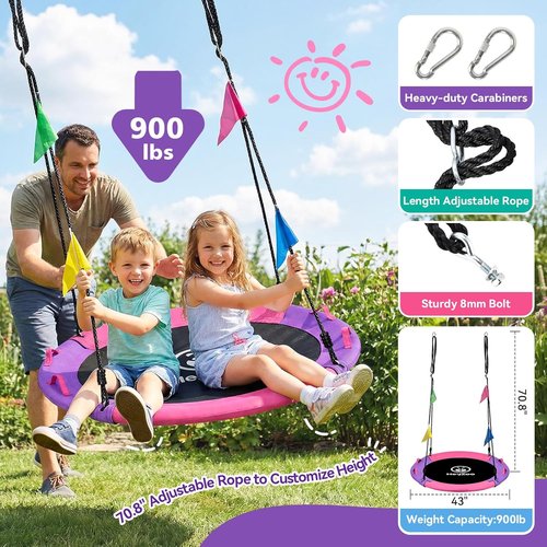 HeyZoo 43-Inch Saucer Swing - 900lbs Weight Capacity for Kids & Adults | 360° Swivel, Adjustable Strap, Pink & Purple