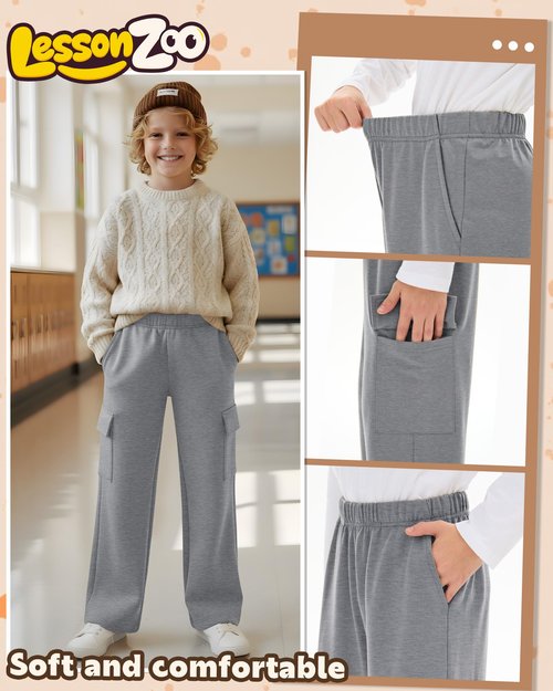 LessonZoo 3 Pack Boys' Sweatpants Wide Leg Baggy Cargo Pants with 4 Pockets Kids Elastic Waist Straight Loose Joggers(Medium,Black, Dark Heather Gray, Light Heather Gray)