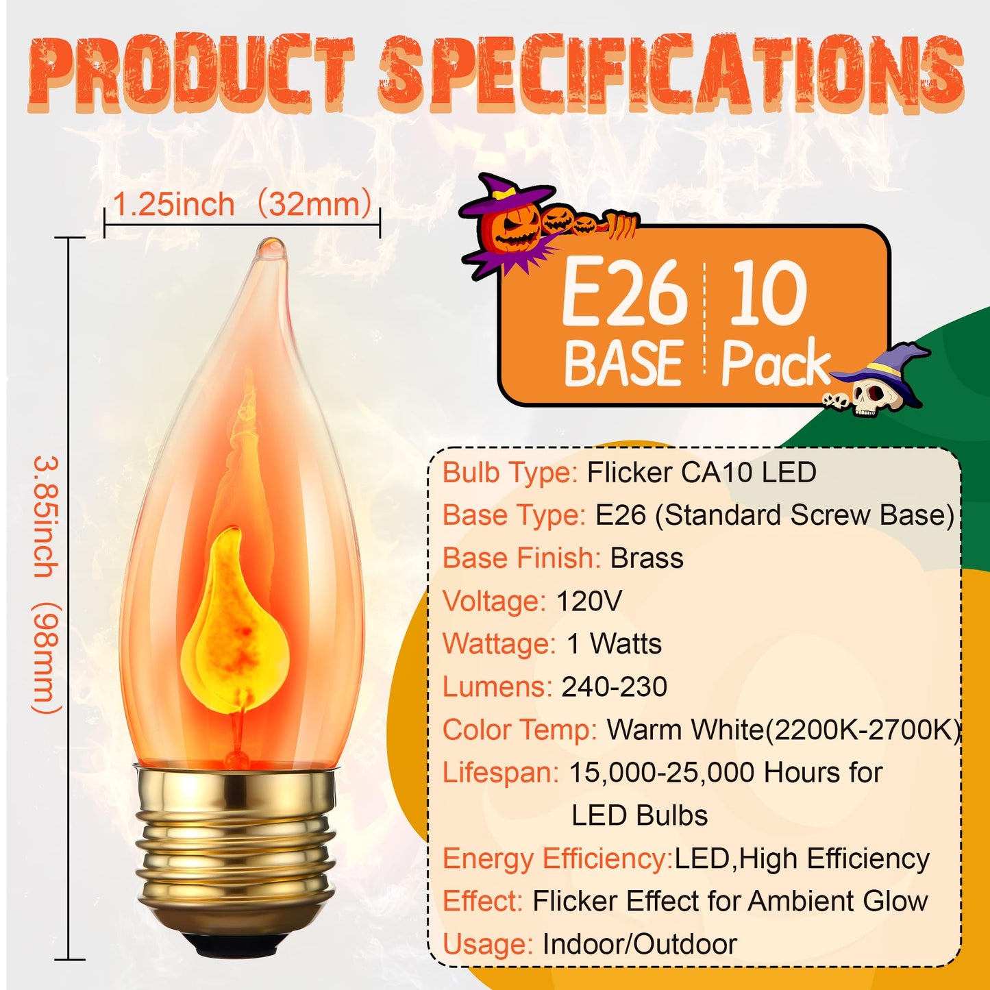 10Pack Upgraded Flame Light Bulbs, E26 Flickering Fire Light Bulbs Flame Candle for Halloween Christmas Party Patio Porch Home Indoor & Outdoor Decorations