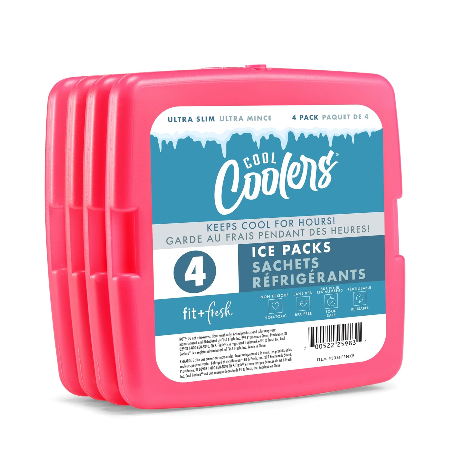 Cool Coolers by Fit & Fresh Slim Ice Packs, Quick Freeze Reusable Ice Packs for Lunch Boxes & Coolers, Long-Lasting, Space Saving Lunch Ice Packs, Dark Pink 4PK