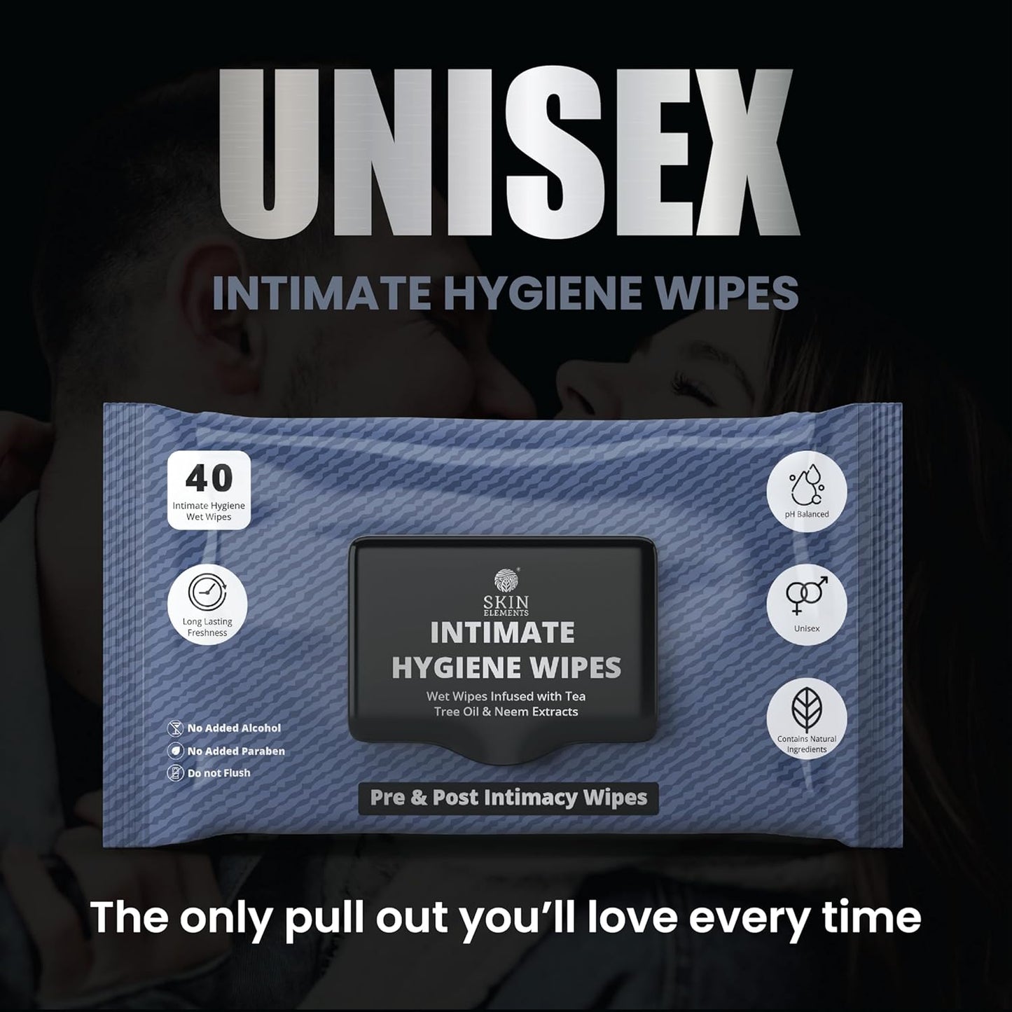Skin Elements Intimate Hygiene Wipes - pH Balanced Wet Wipes with Tea Tree Oil & Neem | 40 Count