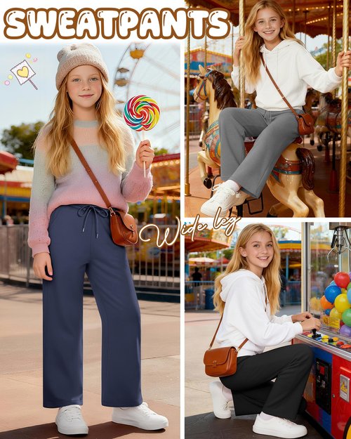 LessonZoo 3 Pack Girls' Sweatpants Fleece Lined Wide Leg Drawstring Casual Kids Open Bottom Pants with Pockets Teen Girl(Navy Blue, Heather Gray, Black,11-12 Years)