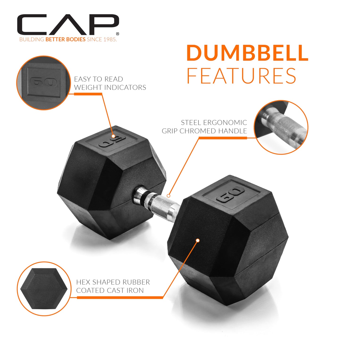 CAP 60 LB Rubber Coated Hex Dumbbell Weight, Rubber Free Weights for Home Gym Strength Training, Chrome Handle, Single