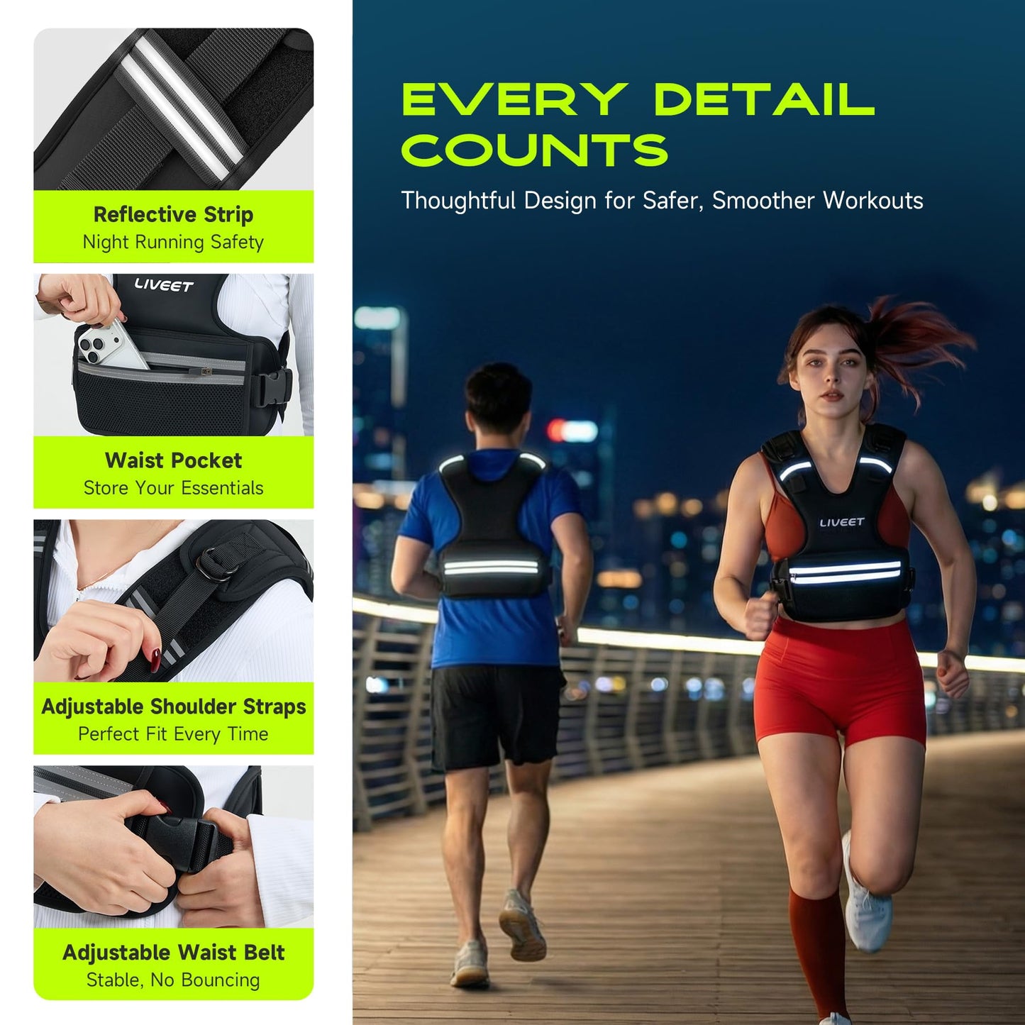 LIVEET Weighted Vest, 9-15lb/11-20lb/20-32lb Silicone Soft Iron Adjustable Weight Vest for Women Men with 6 Removable Blocks, Shoulder & Waist Adjustable Workout Vest for Training Walking Yoga