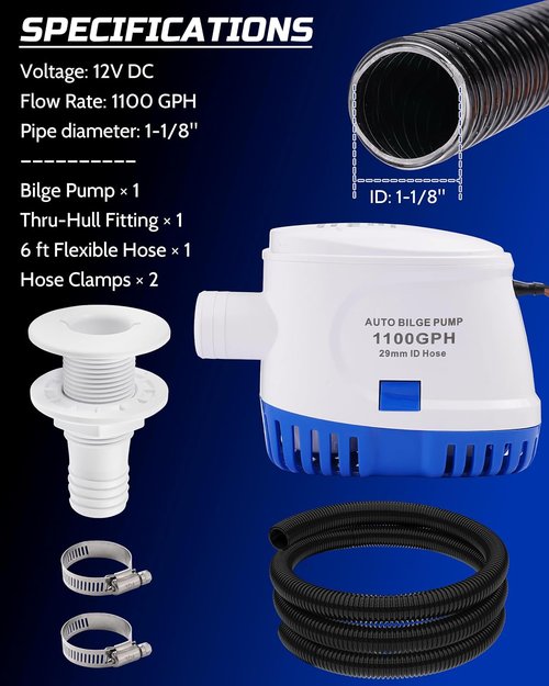 Automatic Boat Bilge Pump Kit by [Brand Name] - 1100GPH Electric Marine Pump with Float Switch & Hose