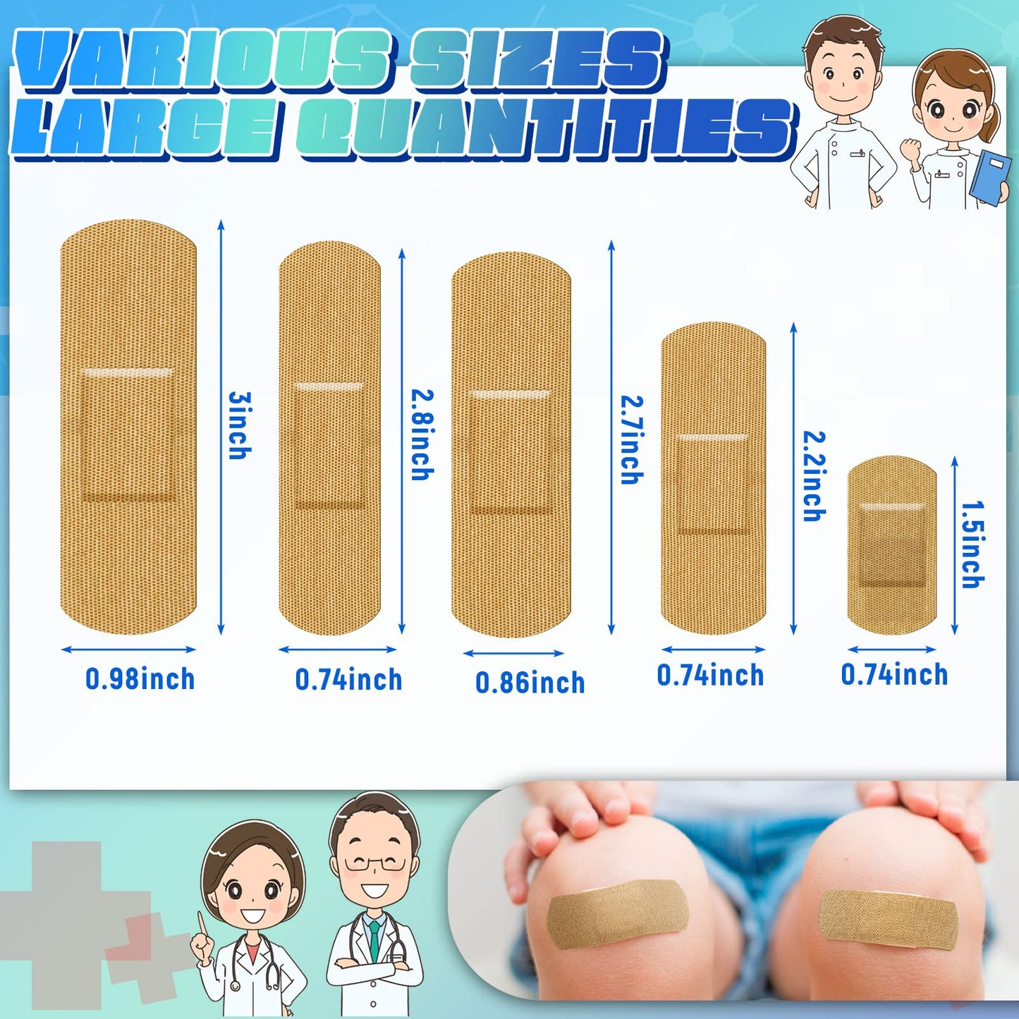 Supervitae 500 Pcs Adhesive Bandages Bulk Assorted Sizes Flexible Breathable Bandages Patch for Family First Aid Skin Wrap Finger Wound(Fabric,Natural)