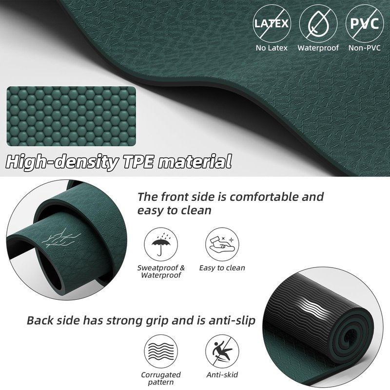 WUWAN Large Yoga Mat 76"x 40"x10mm (2/5 inch) – Extra Thick & Wide, TPE Fitness Mat, Printed Non-Slip Exercise Mat with Carrying Strap for Men & Women, Pilates, Stretching, Fitness & Workout (green/black)