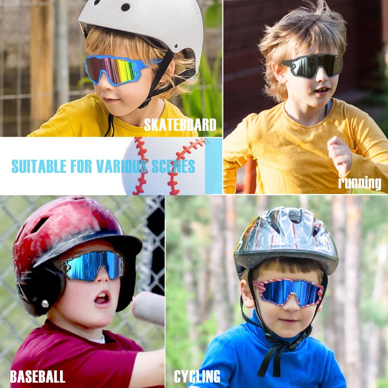 CMBJJU Kids Sunglasses,Youth Baseball Glasses for Boys Girls Age 6-14,Sports UV Protection Goggles (2PCS-Black Black+Blue Red-B01)