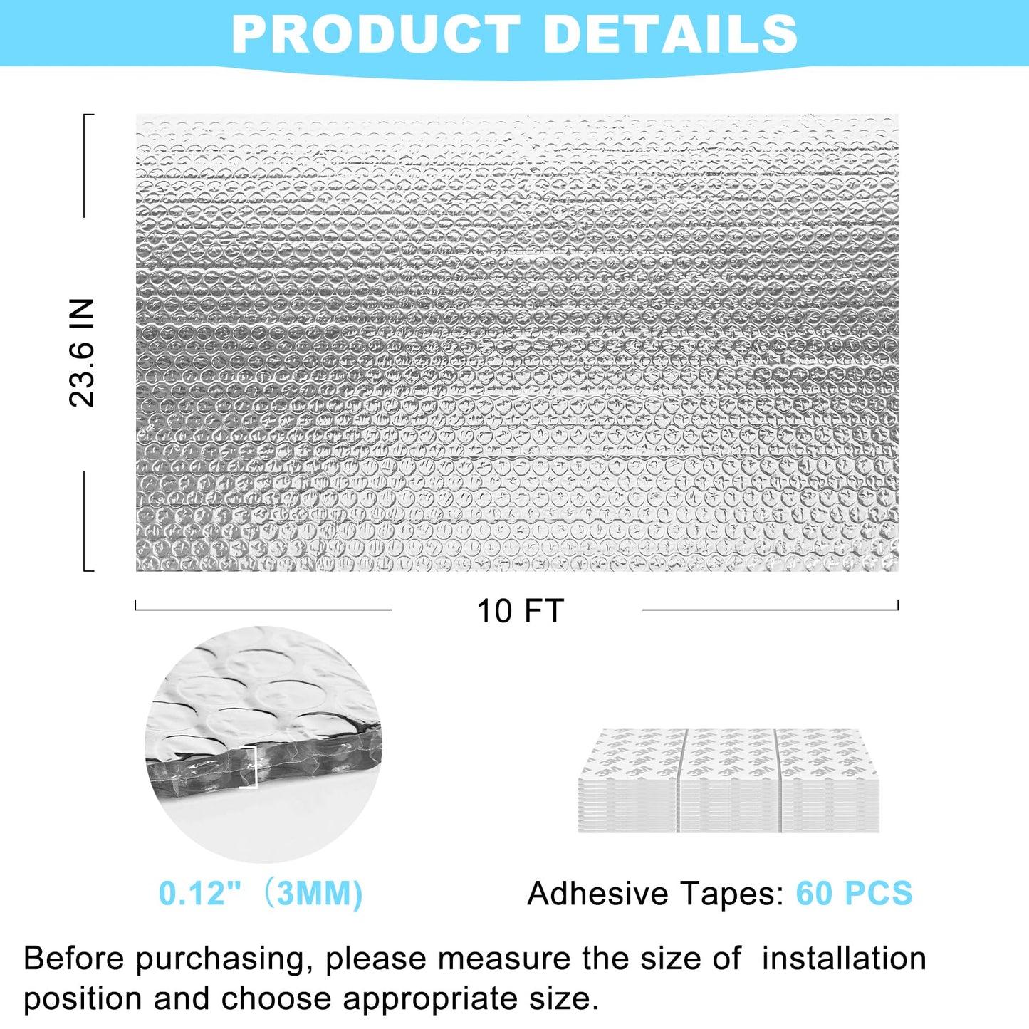 MYFAMIREA Double Reflective Insulation Roll 23.6IN x 10FT Bubble Aluminum Foil Sheet Thermal Insulation for Summer Heat, 3MM Insulated Radiant Barrier Wrap Insulation with 60P Tapes for RV, Window