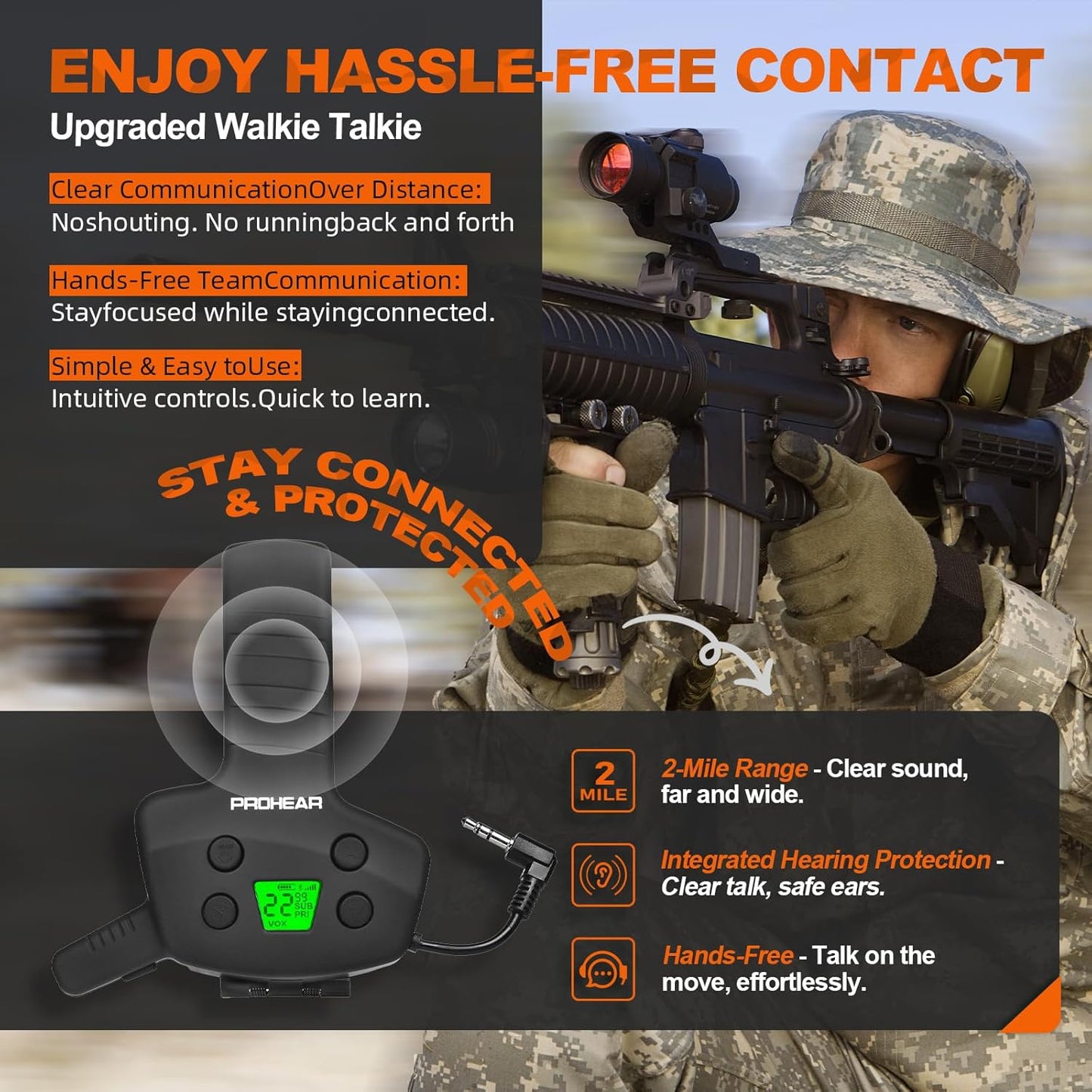 RH09 Bluetooth Walkie Talkie Upgrade Module - 3 Mile GMRS 2-Way Radio with 22 Channels & USB-C Rechargeable for PROHEAR, ZOHAN & Howard Leight Impact Sport
