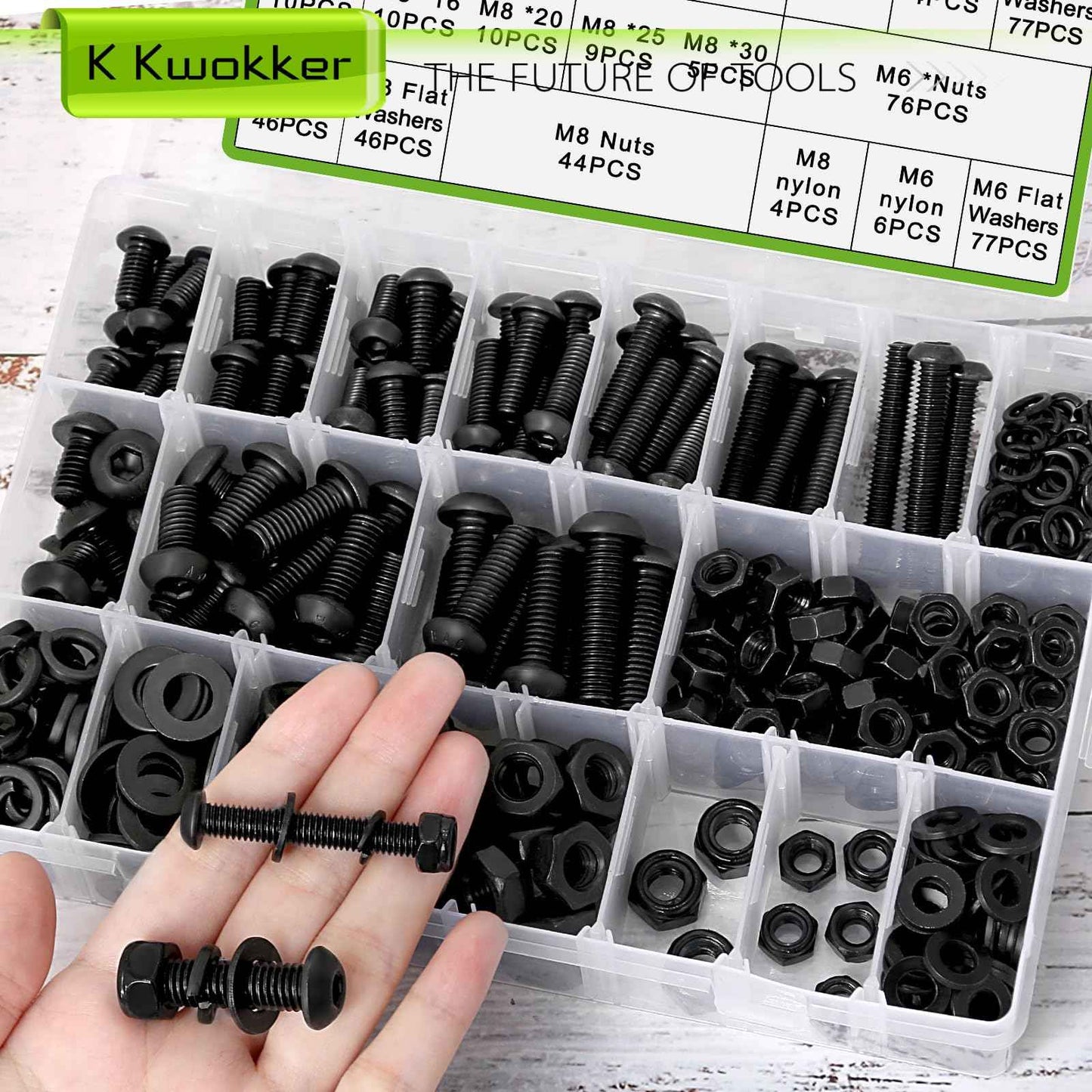K Kwokker 500Pcs M6 M8 Metric Screws Assortment Kit 12MM-40MM with Lock Nut, Button Head Hex Socket Nuts and Bolts Assortment Kit, 10.9 Alloy Steel Machine Screws w/Washers, M6x1.0 Bolt, M8x1.25 Bolt