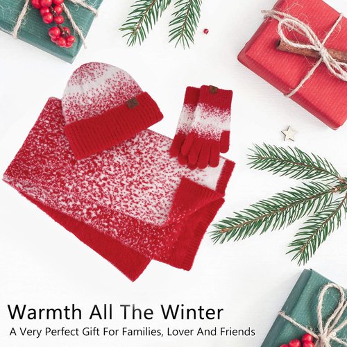 Womens Winter Knit Beanie Hats and Touchscreen Gloves Long Scarf Set with Warm Fleece Lined Skull Caps Scarves for Women Red White