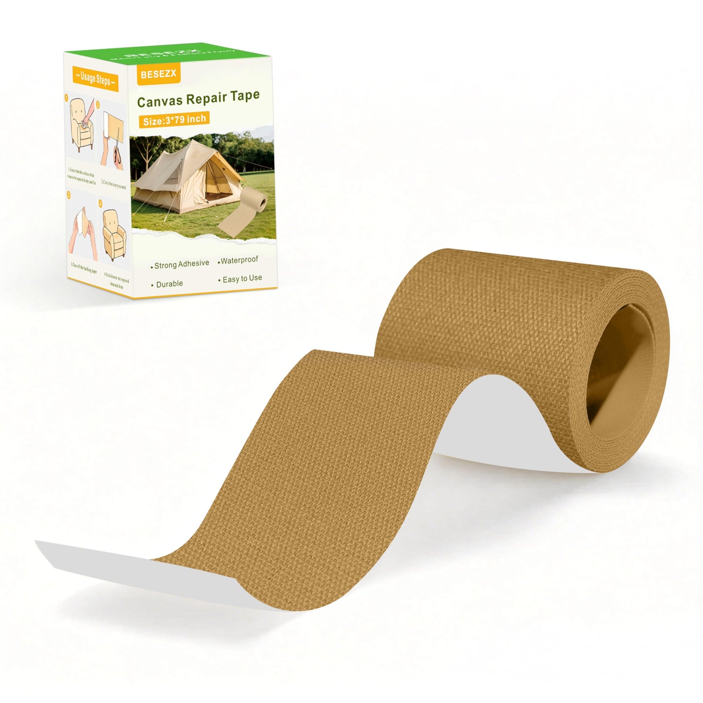 Besezx Canvas Repair Tape,Outdoor Gear Patch, 3x79 Inches,Waterproof Self-Adhesive Fabric Repair Tape for Repairing Boat Covers,Sun Shades,Sofas,Tents,Lounge Chairs,Awnings (Flaxen)