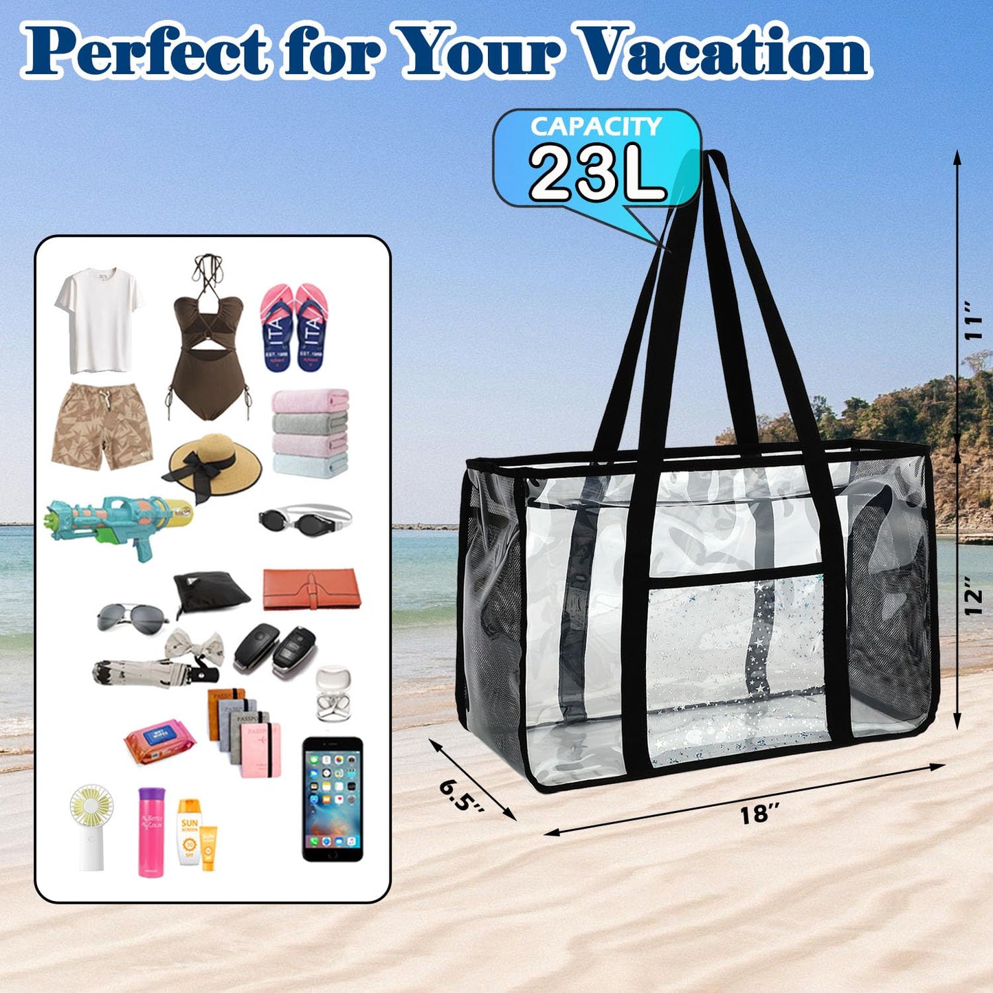 Fammart Clear Beach Bag for Women, Large Pool Tote Cruise Vacation Essentials - Zipper Closure, Waterproof, Sandproof