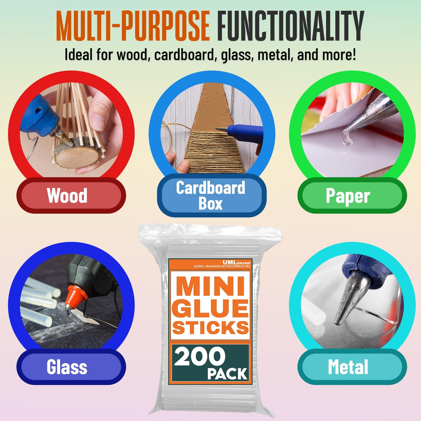 UML Brand Mini Hot Glue Sticks - Compatible with Hot Mini Glue Gun - 4" x 0.27" - Small Skinny Sticks - Ideal for Craft Projects - Dries Quick - 200 Pack