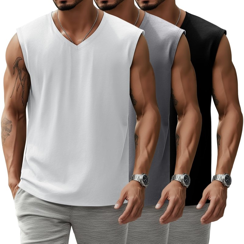 Evervibe 3 Pack Mens V Neck Tank Tops 95% Cotton Sleeveless Big and Tall Muscle Cut Off Shirts Gym Workout Tee(Black, White, Gray,Large)