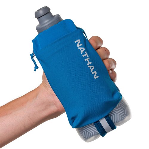 Nathan SpeedDraw 2 Insulated Handheld Running Water Bottle Flask 18oz – Double-Wall Insulation, Ergonomic Grip, Blast Valve Cap, Phone & Key Storage Pockets, Reflective Design