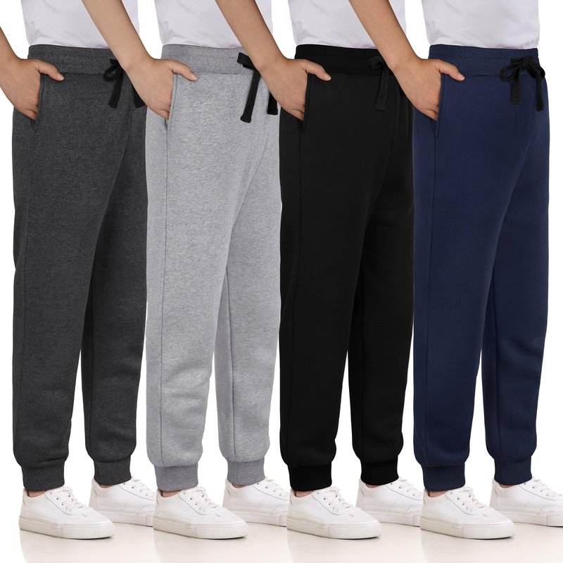 Aocku 4 Pack Boys Sweatpants Cotton Fleece Lined Boys Athletic Joggers, Active Sweat Pants with Pockets Drawstring for Kids Youth