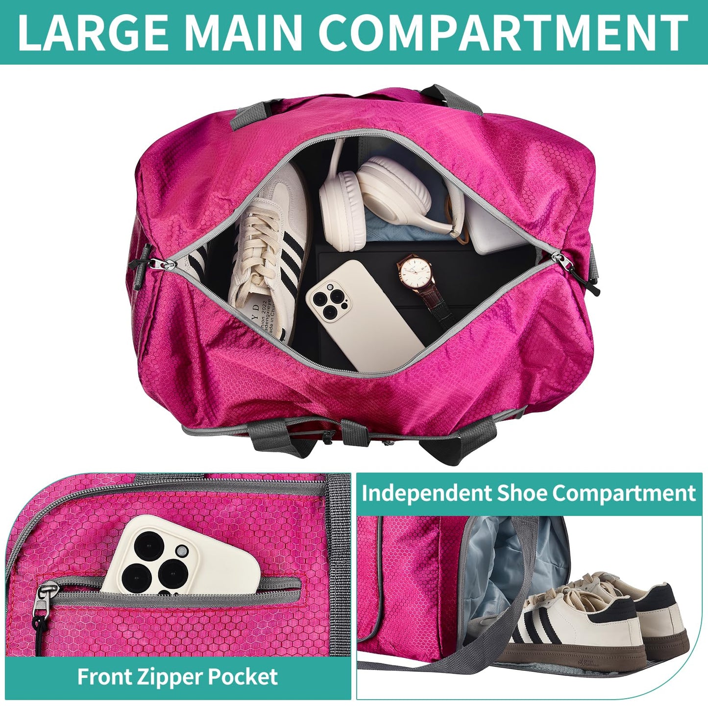 Dimayar Travel Duffle Bag for Men Women - Foldable Duffel Bag with Shoes Compartment - Overnight Bags Waterproof & Tear Resistant(65L,Fuchsine)