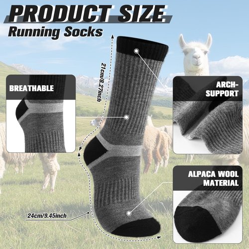 Cutecrop 2 Pairs Alpaca Wool Hiking Socks for Men Women Alpaca Wool Blend Thick Thermal Winter Crew Boot Socks(Dark Gray and Black,8-10)