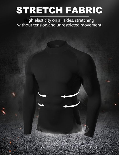 Roadbox Men's Compression Shirt, Mock Turtleneck Long Sleeve Undershirt, Quick Dry Athletic Base Layer for Sports and Workout Black