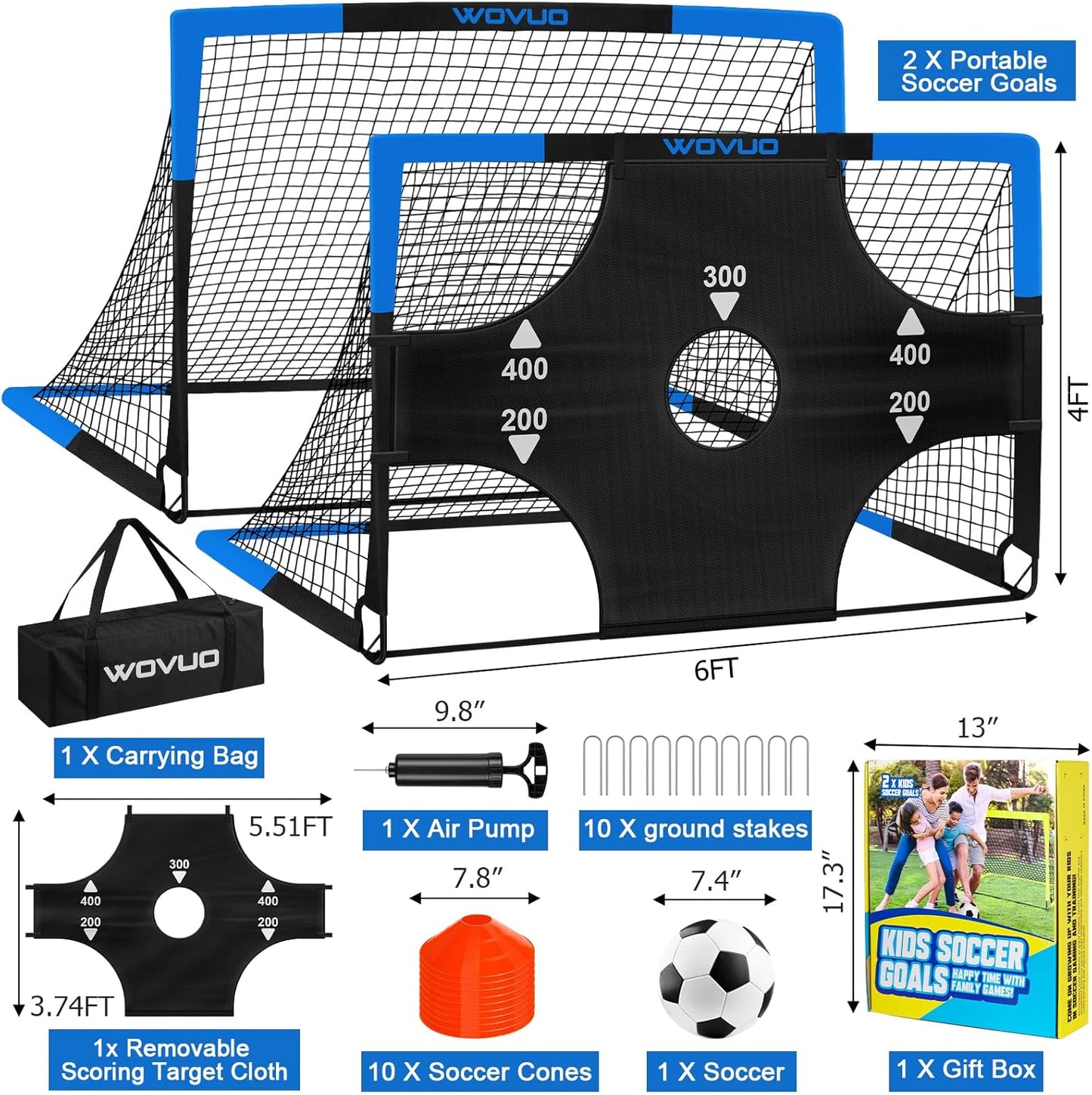 Skiennix Kids Soccer Goals - Portable 6x4 ft Training Set with Target, Ball & Cones | Outdoor Sports Gift for Ages 3-14