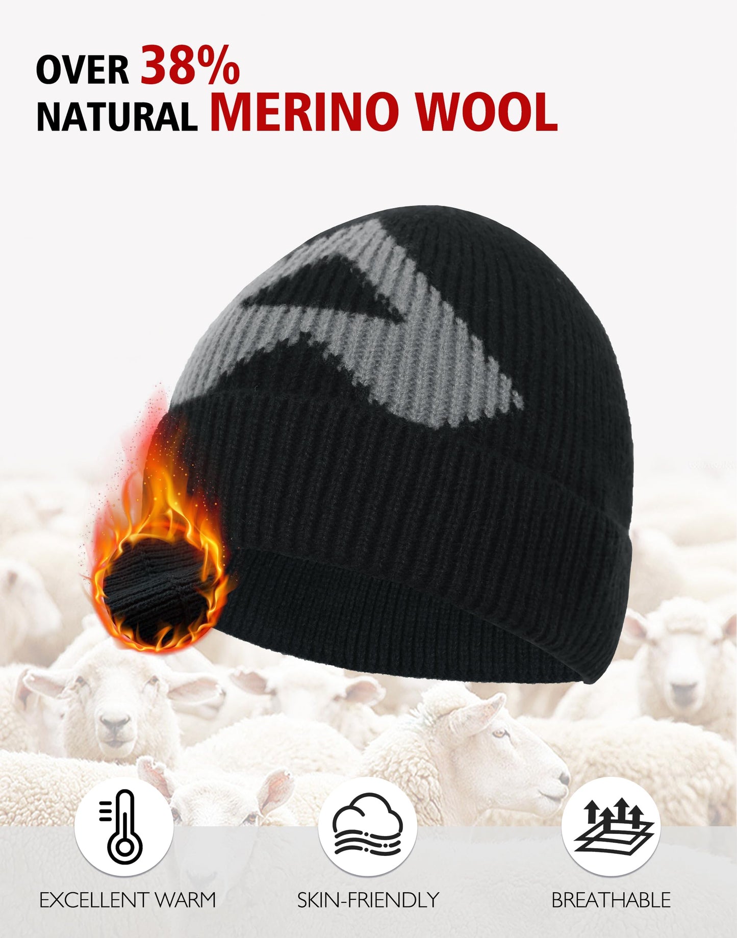 Pioneer Camp Mens Merino Wool Beanie Hats Thick Knit Winter Hat Cold Weather Skull Cap Hiking Skiing Climbing Casual Outdoor Black