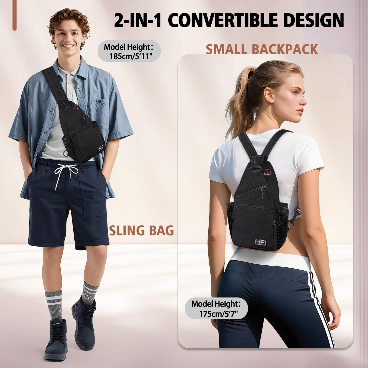 Geestock Convertible Sling Bag for Women Men, Lightweight Crossbody Backpack Daypack Chest Bag Fit 7.9" Tablet for Travel, Sport, Hiking & Commute, Black, 7.09in×3.15in×12.60in