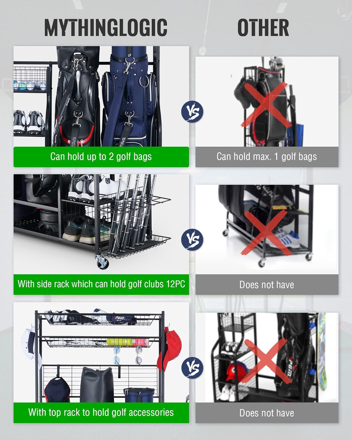 Mythinglogic Golf Bag Storage Organizer - 2-Bag Stand with 4 Removable Hooks for Golf Equipment