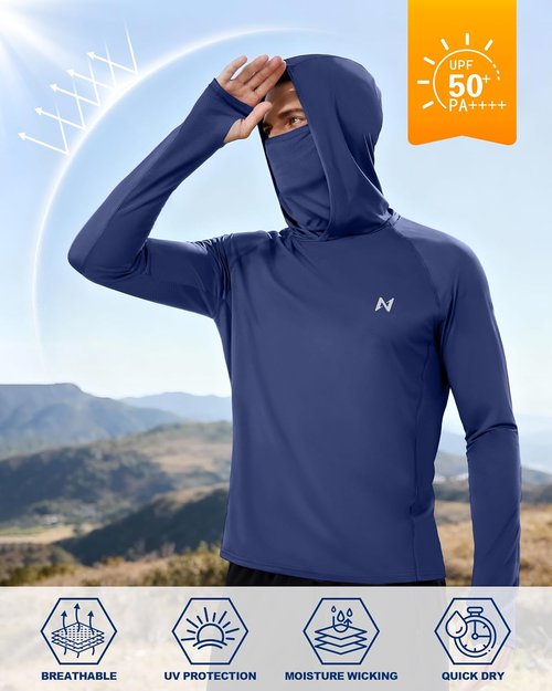 Isnowood Men's Fishing Sun Hoodie - UPF 50+ UV Protection Long Sleeve Shirt with Mask for Outdoor Activities