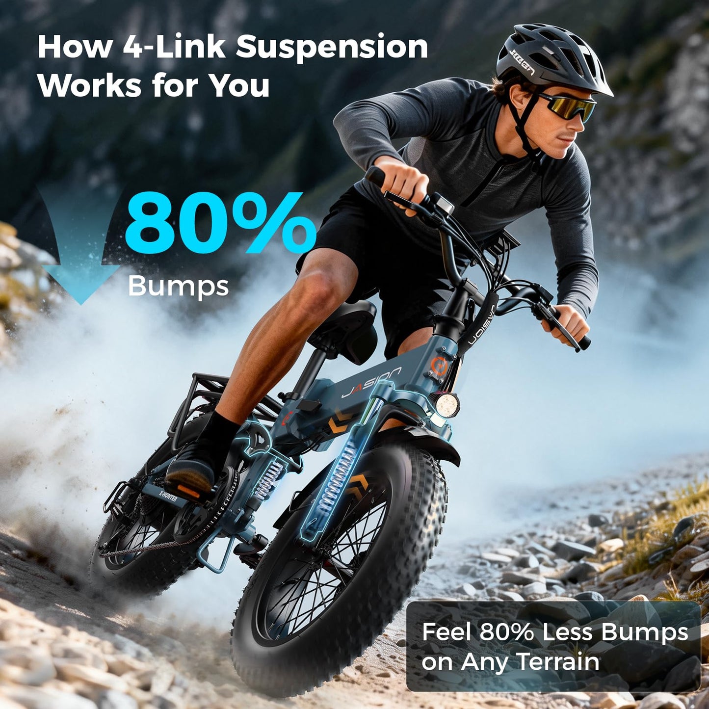 Jasion X-Hunter Foldable Electric Bike, 1400W Peak Motor, 30MPH Max Speed 70+ Miles, 48V 13AH Removable Battery, Full Suspension System, 20''*4.0 Fat Tire Ebike For Adults, 7-Speed Bicycle with Basket