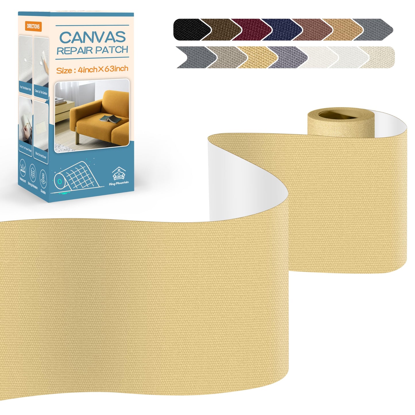 KING MOUNTAIN Canvas Repair Tape,Outdoor Gear Patch, 4×63 Inches,Waterproof,Self-Adhesive for Repairing Boat Covers,Sun Shades,Sofas,Tents,Lounge Chairs,Awnings (Beige-1)