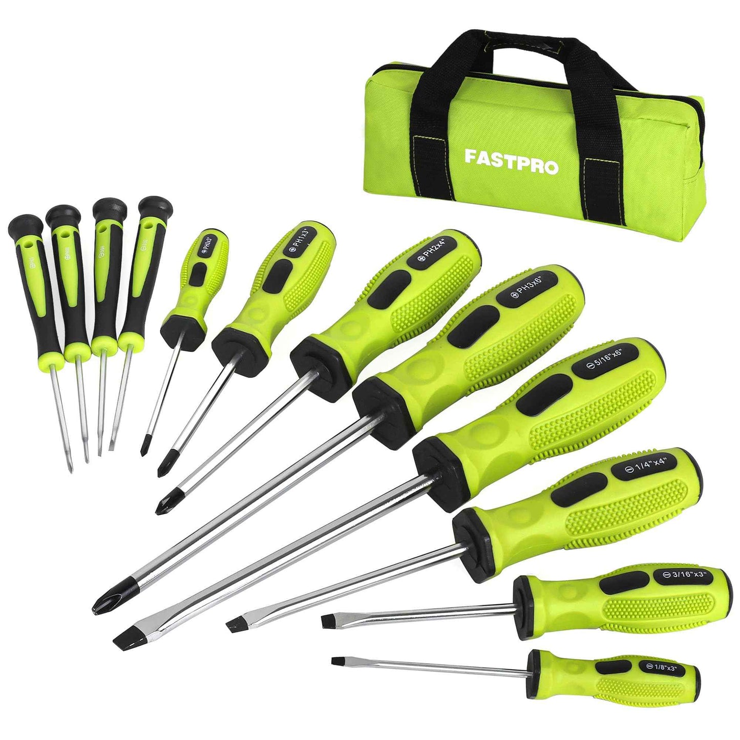 FASTPRO 12-Piece Magnetic Screwdrivers Set with Slotted Phillips Screwdrivers and Precision Screwdrivers, Repair Tool Kit with Storage Bag, Green
