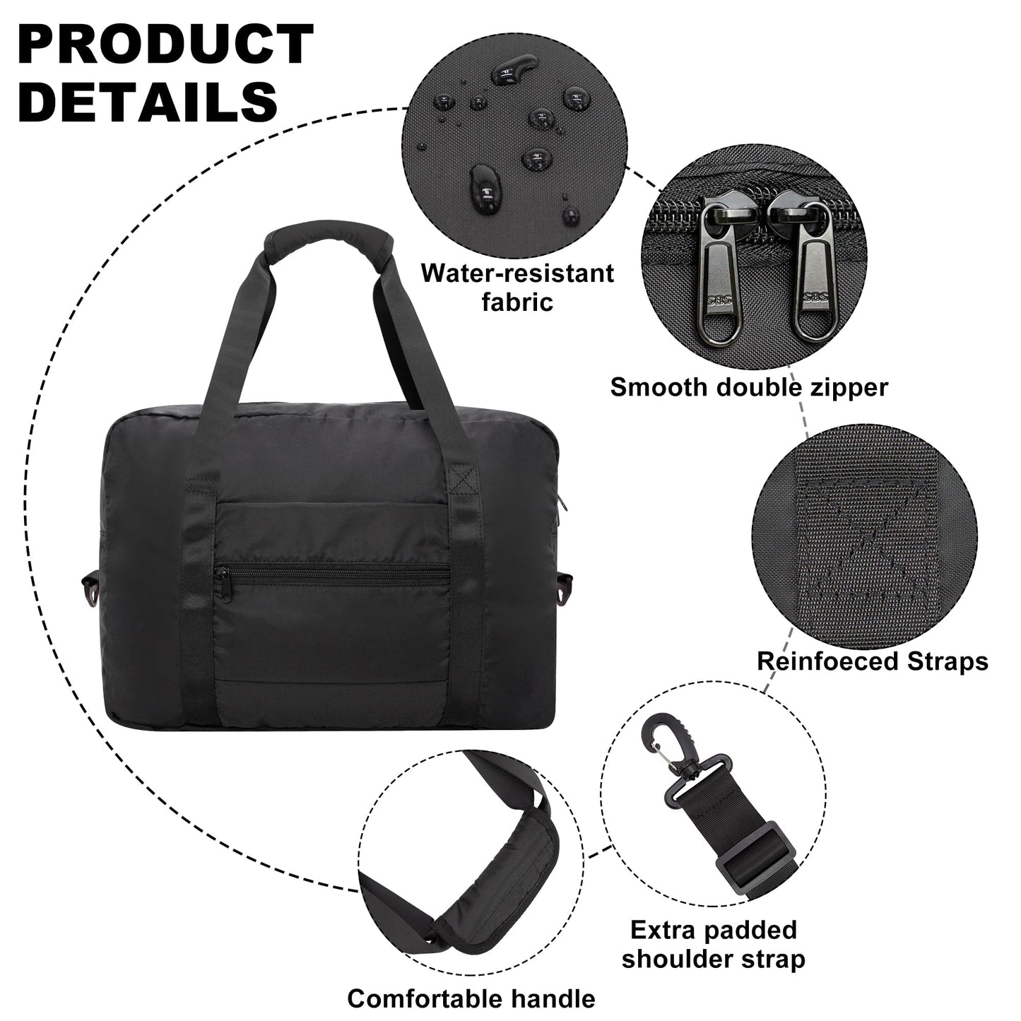 Foldable Travel Duffle Bag, Airlines Approved Carry On Bag Weekender Overnight Bag for Men Women, 40L (Black)