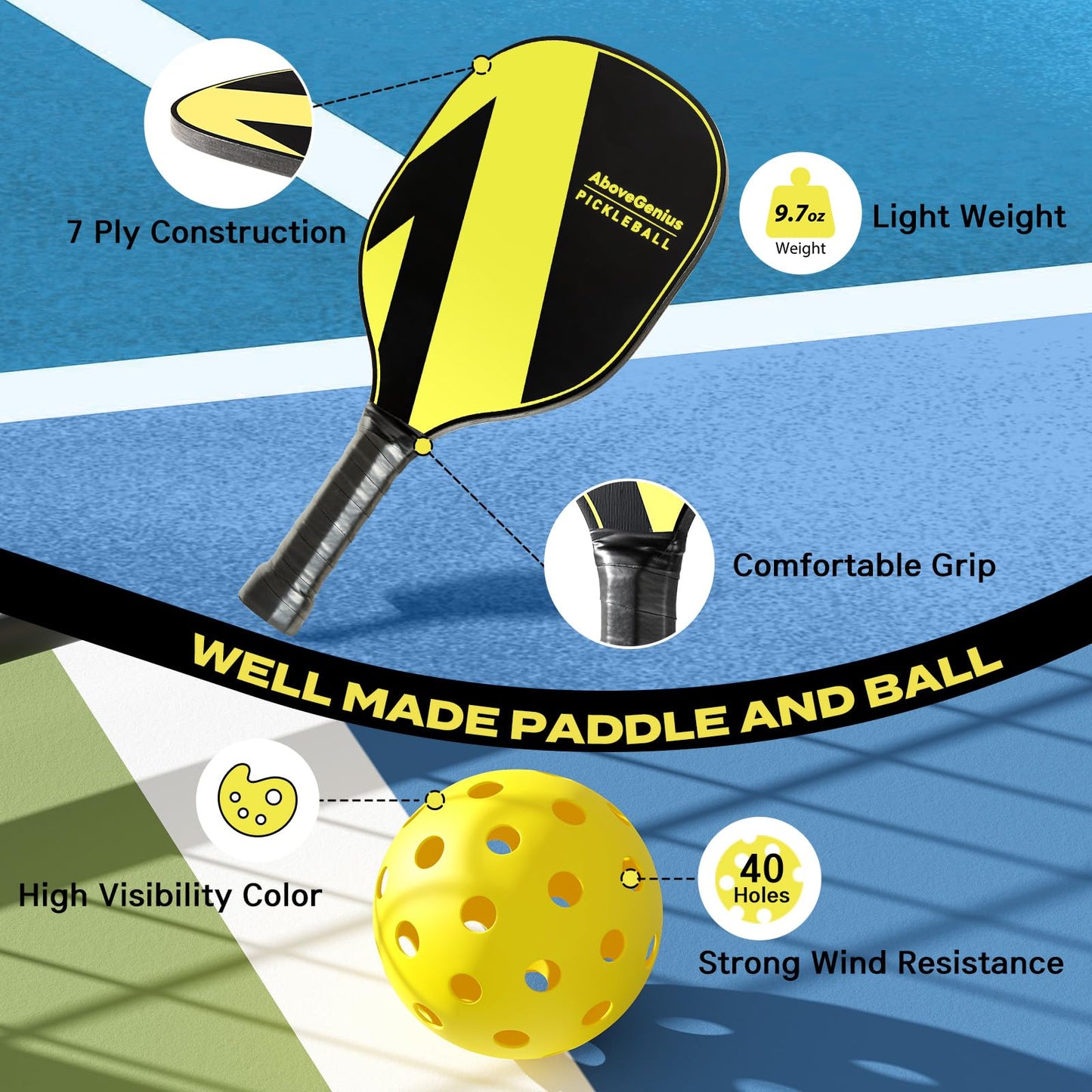 AboveGenius Pickleball Set with Net, Pickleball Paddles Set of 4, Portable Net for Driveway, Lightweight Rackets, 4 Outdoor Balls, 1 Storage Bag