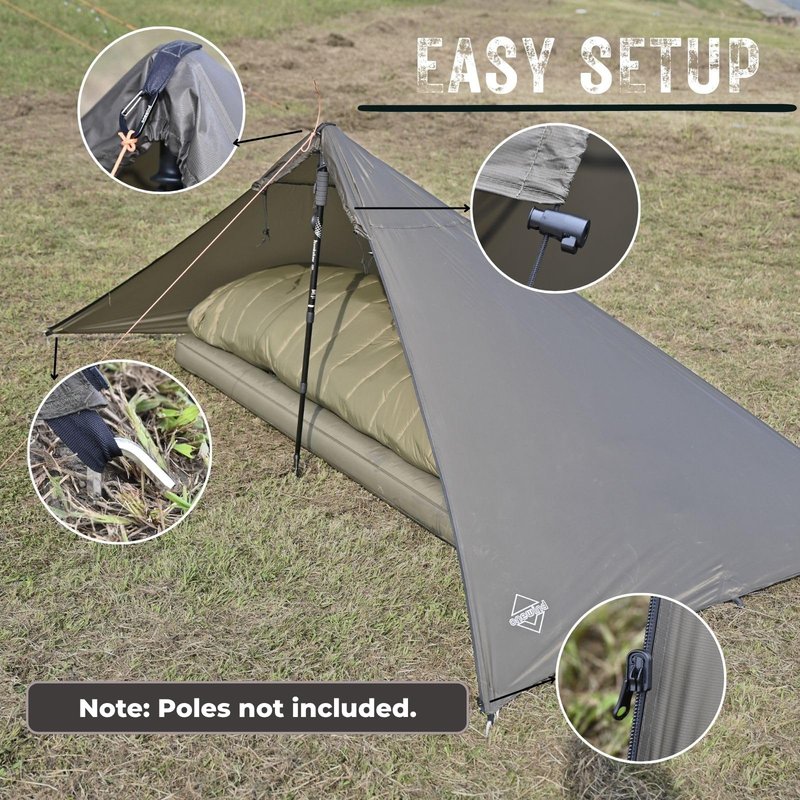 Onewind Lightweight Bushcraft Poncho Shelter, Solitary Shelter Cape Emergency Survival Shelter Tent Ultralight Minimalist Shelter for Camping Hiking Backpacking Bug Out Bag, OD Green