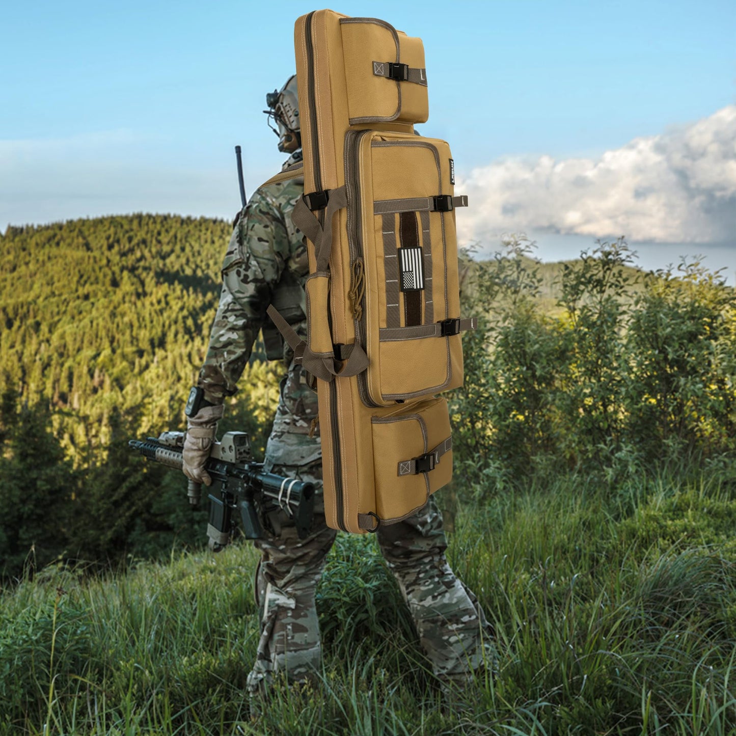 LASUK 46" Soft Double Rifle Bag, Portable Long Rifle Bag for Outdoor Hunting Shooting, Gun Case Storage & Transportation(Yellow)