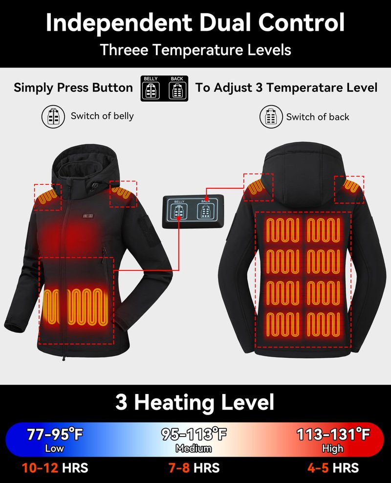 VENTROLLO Womens Heated Jacket with 16000 mAh Battery, 12 Heating Zones, Water-Resistant Windproof Soft Shell Heated Coat Winter Heating Jacket for Women XXL