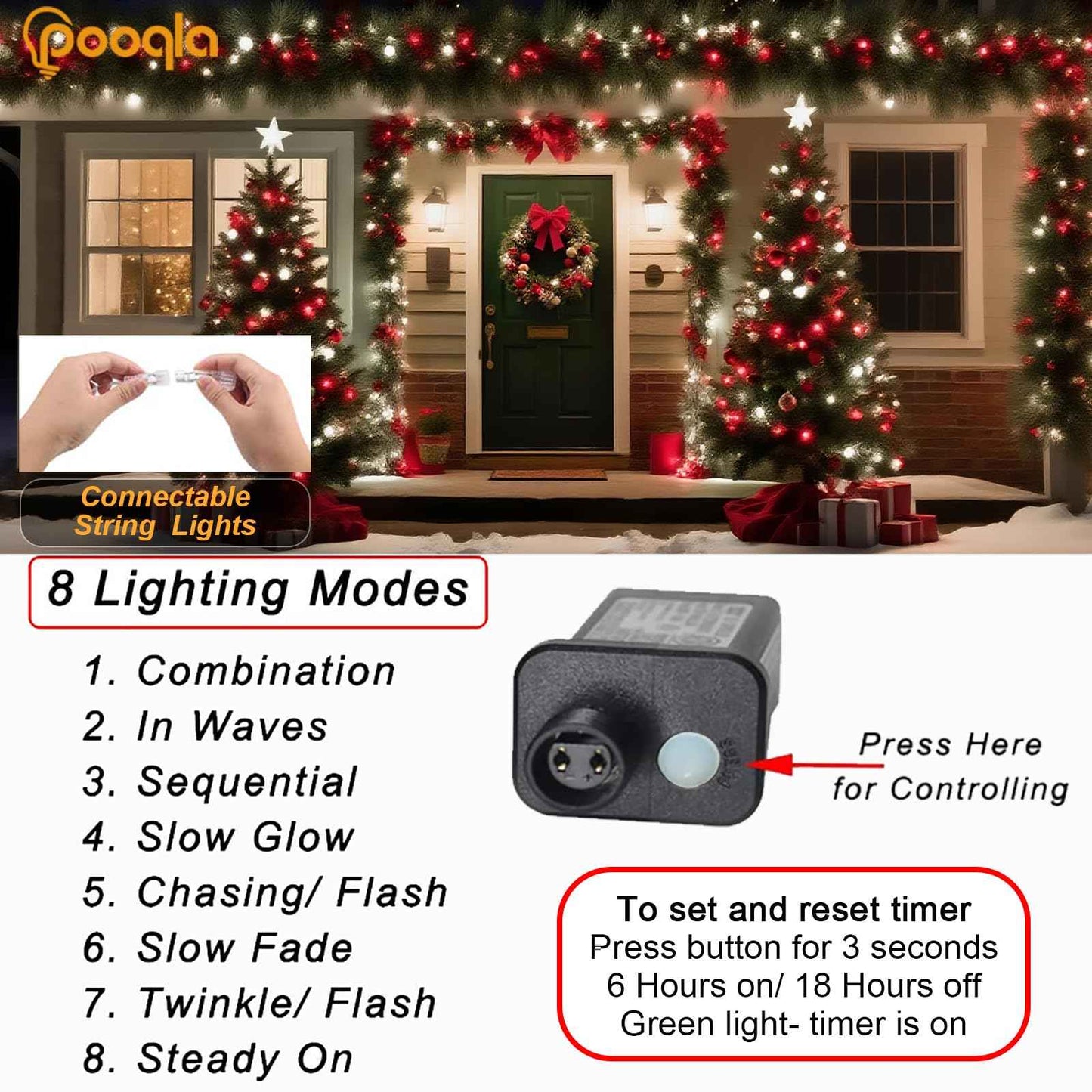 Christmas String Lights, 66 ft 200 LED Christmas Lights Plug in, Indoor Outdoor Connectable 8 Modes Clear Wire Twinkle Fairy String Lights for Xmas Tree Halloween Wedding Bedroom Party, Red and White