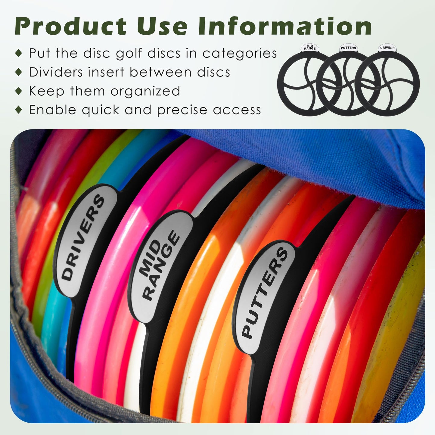 ElectricWise 3PCS Disc Golf Bag Dividers, Disc Golf Rack Divider Inserts, Disk Storage Sort Organized and Easy to Access, Driver, Mid-Range, Putter, Fairway Drivers, Approach,Rollers for Beginners
