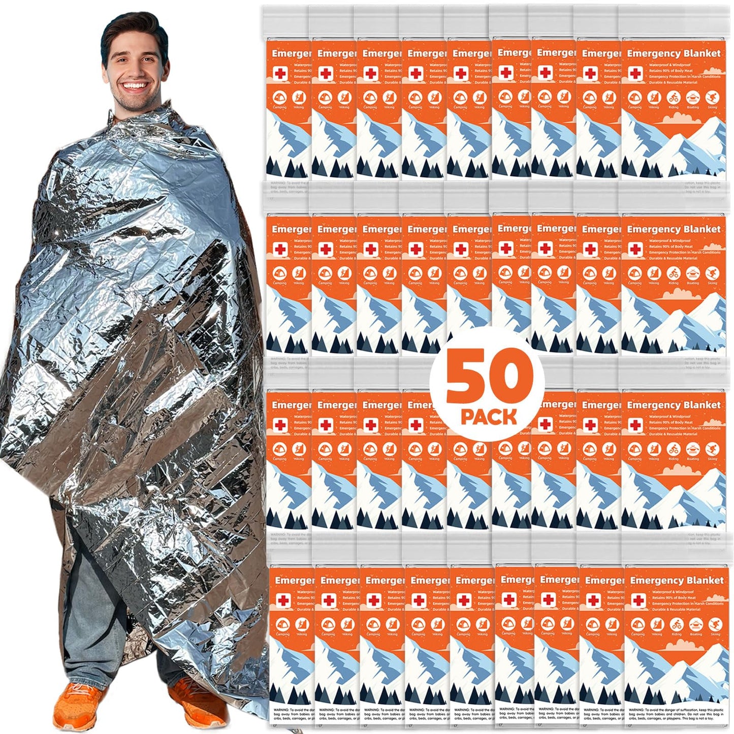 Phafaloop 50 Pack Emergency Thermal Blanket Survival, Mylar Blankets for Outdoor, Space Blanket, Silver Foil for Survival, Survival Kit Camping Blankets, Body Warmer, First Aid, Hiking 84” x 52”