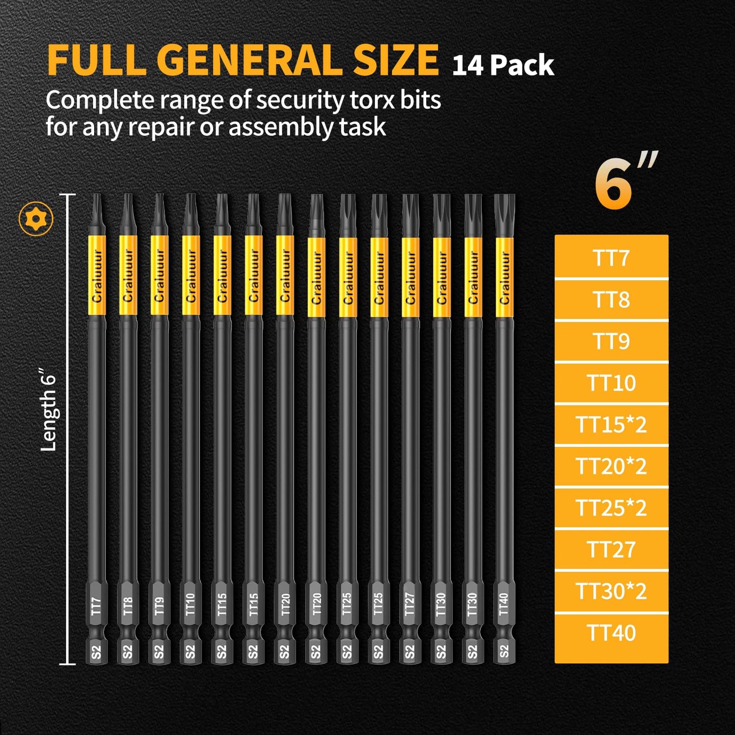 Craluuur 14PCS Impact Long Torx Bit Set, 6-Inch, T7–T40, Tamper Proof Star Bits Set, Magnetic Security Torx Bit Set with 1/4 Inch Hex Shank, S2 Steel, Ideal for Automotive, DIY, Electronics