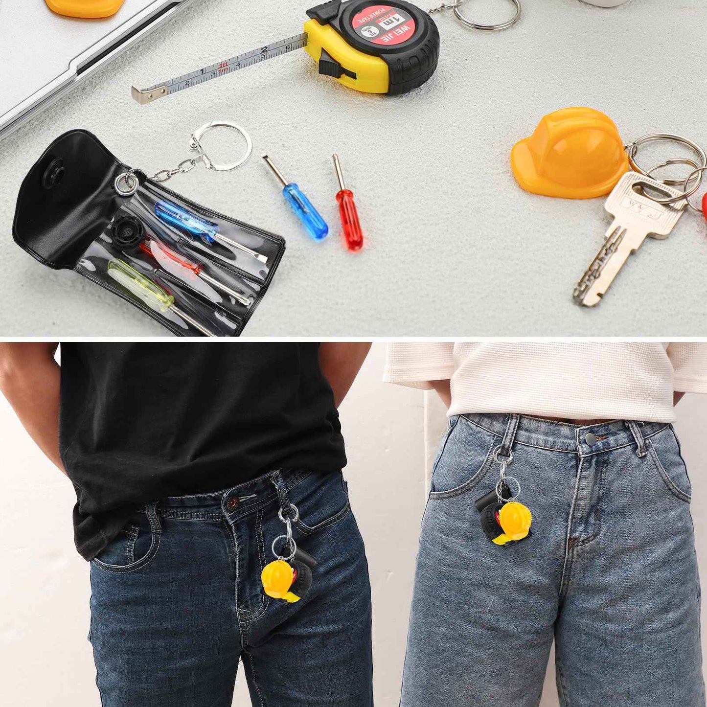 Jutom 144 Pcs Mini Construction Helmet Keychains Tape Measure Screwdriver Bulk for Men Adult Party Favors Tool Christmas Gifts