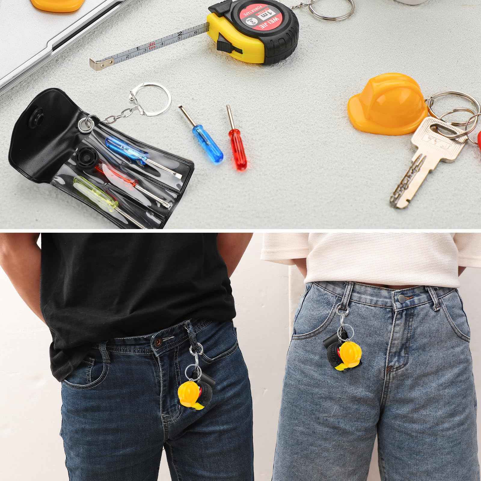 Jutom 144 Pcs Mini Construction Helmet Keychains Tape Measure Screwdriver Bulk for Men Adult Party Favors Tool Christmas Gifts