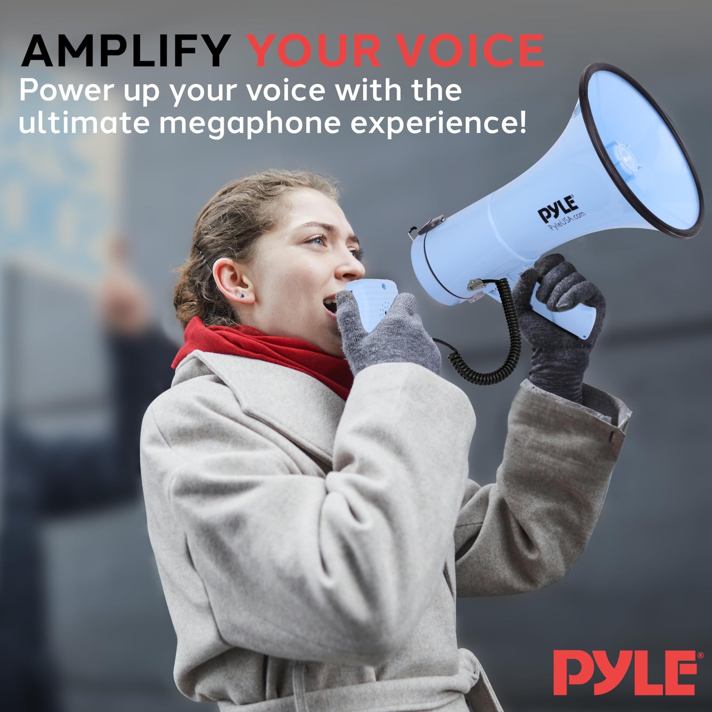 Pyle 50W Megaphone Bullhorn - Portable, Automatic Siren & Adjustable Volume, Projection Range Up to 1200 Square Yards, Aux Input, Talk, Siren, Music, Whistle, & Record, Shoulder Strap