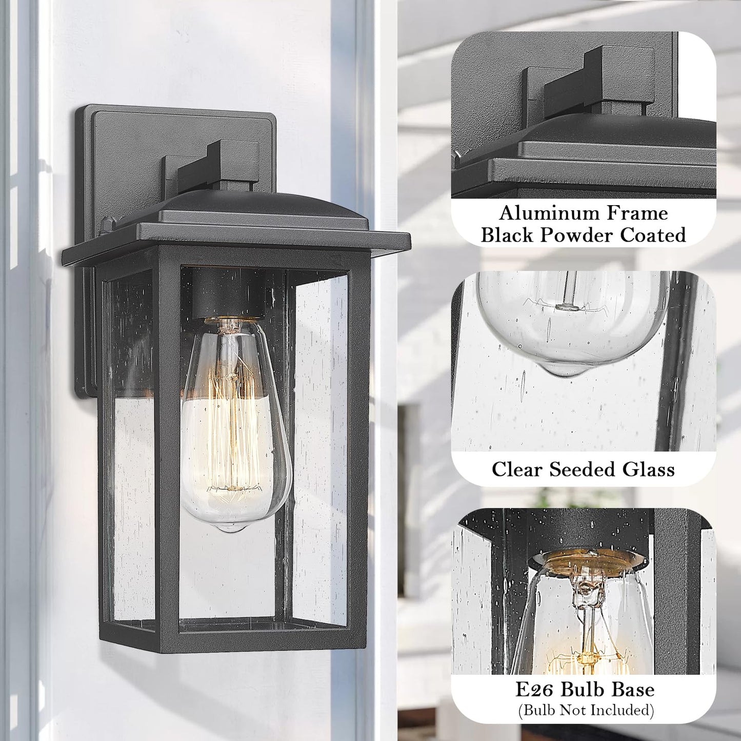 Diyel Outdoor Wall Sconces 2 Pack, Exterior Light Lantern Fixtures, Porch Light Lamps Outdoor Wall Mounted in Black Finish with Seeded Glass for House, Garage, Patio, Yard, Garden